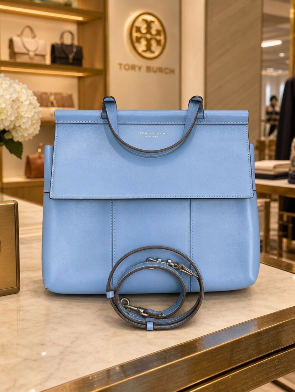 Tory Burch Block-T Top-Handle Satchel (Luna Light Blue) EUC